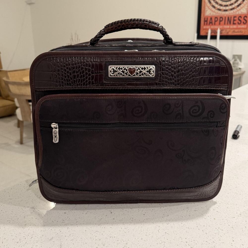 Vtg Brighton Croc Brown 16" Rolling Business Computer Case Travel Carry On 90s